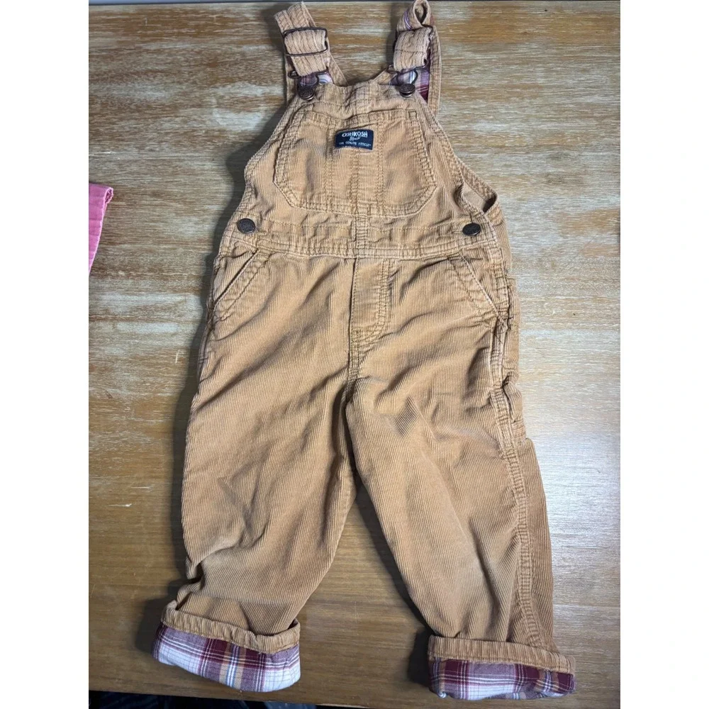 OshKosh Bgosh Tan‎ Corduroy Plaid Lined Overalls Toddler 3T GCL12739-SSI